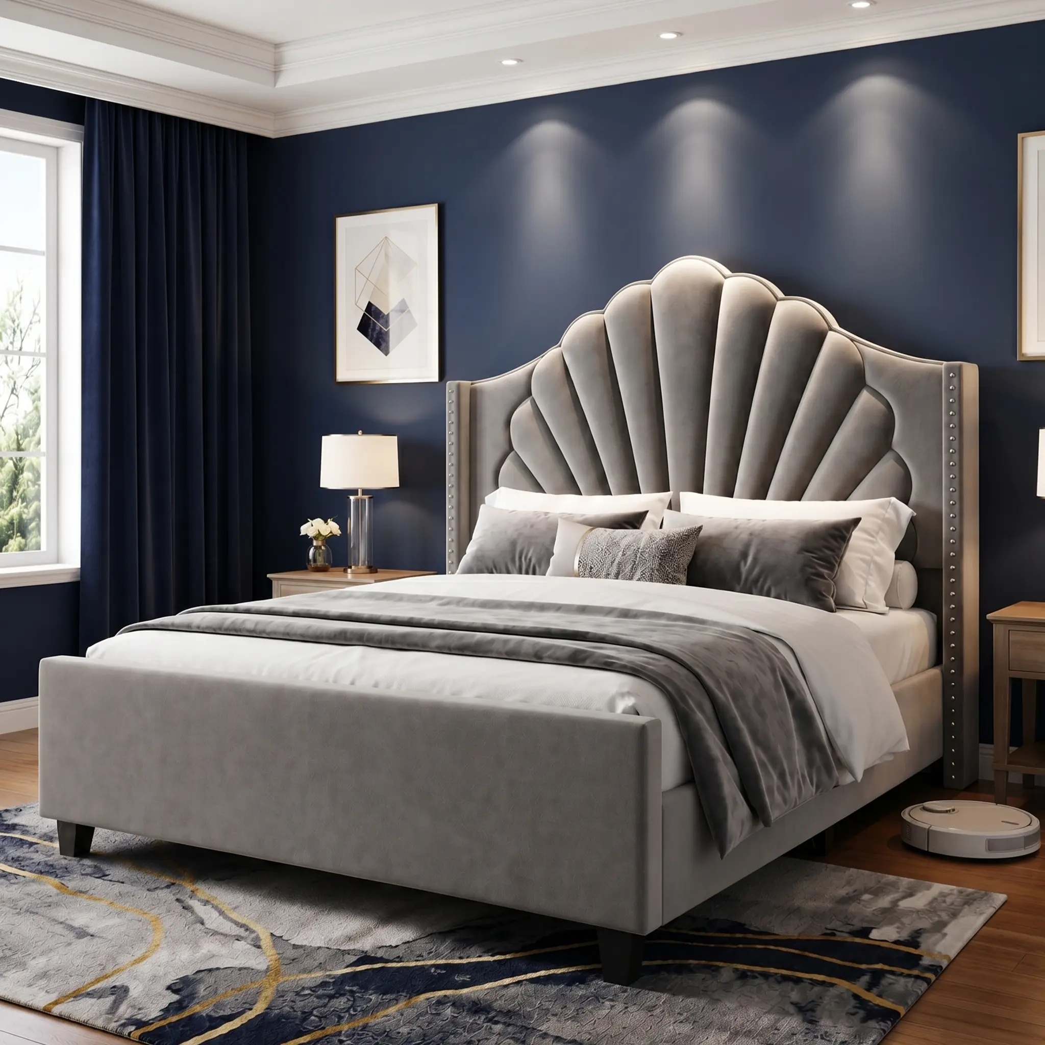 Upholstered Bed Frame with Shell-Shaped Headboard and Nailhead Trim, Queen or King, White or Gray