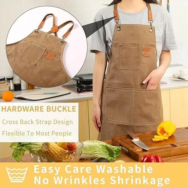 Unisex Durable Cotton Canvas Apron - Drip-Resistant, Adjustable Cross-Back Strap Apron with Multi Pockets, Thick Waterproof for Woodworking, Kitchen Use, Drip-Resistant Aprons, Adjustable Strap Aprons