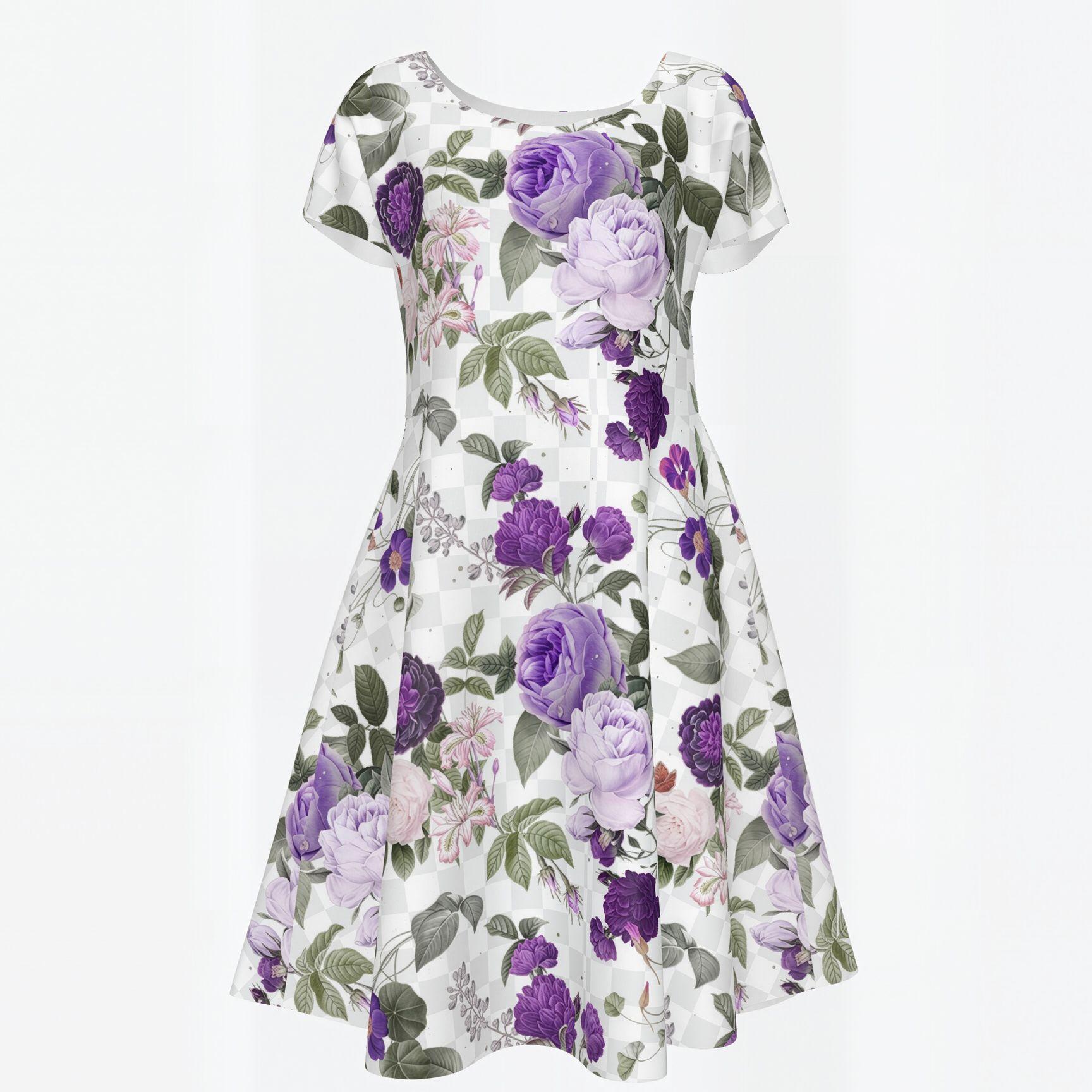 Vintage Floral Print Dress for Women Elegant Knee Length A-Line Swing Dress Short Sleeve round Neck Summer Casual Dress Fit and Flare Dress for Wedding Guest Party Cocktail Holiday Beach Travel Lightweight Comfortable