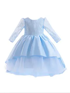 Girl's Contrast Lace Bow Decor Tiered Layer High Low Hem Satin Dress, Elegant Puff Sleeve Round Neck Midi Dress for Party Wedding Guest, Kids Clothes for All Seasons