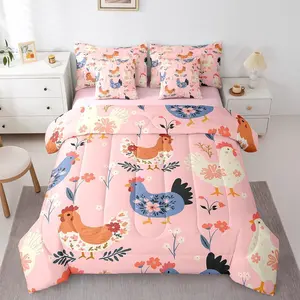Girls Floral Hen Bedding Set,7 Piece Bed Bag,Chicken Comforter Bed Set,Kids Teens Super Soft All Season Bedroom,Hens Reversible Bed Set