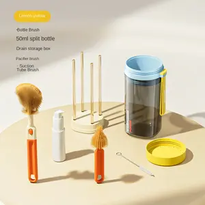 Portable bottle brush set bottle nipple straw bucket travel portable bottle cleaning brush drain rack six-piece set