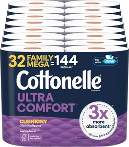 Cottonelle Ultra Comfort Toilet Paper with Cushiony CleaningRipples Texture, 32 Family Mega Rolls (32 Family Mega Rolls = 144 Regular Rolls) (8 Packs of 4), 296 Sheets per Roll