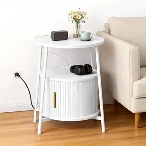 【MOTHER'S DAY GIFT】DHH Smart Nightstand with Power Outlets & Type-C, 2-Tier Fluted Side Table with Hidden Storage, Mid-Century Modern Round Bedside Table for Living Room