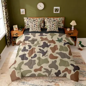 7-Piece Army Theme Camouflage Print Quilted Fabric Microfiber Bedding Set in a Bag, All Seasons Fade-Resistant Multi-Size Comforter Set Including Comforter, Fitted Sheet, Flat Sheet, 2 Pillowcases, 2 Digital Print Throw Pillow Covers