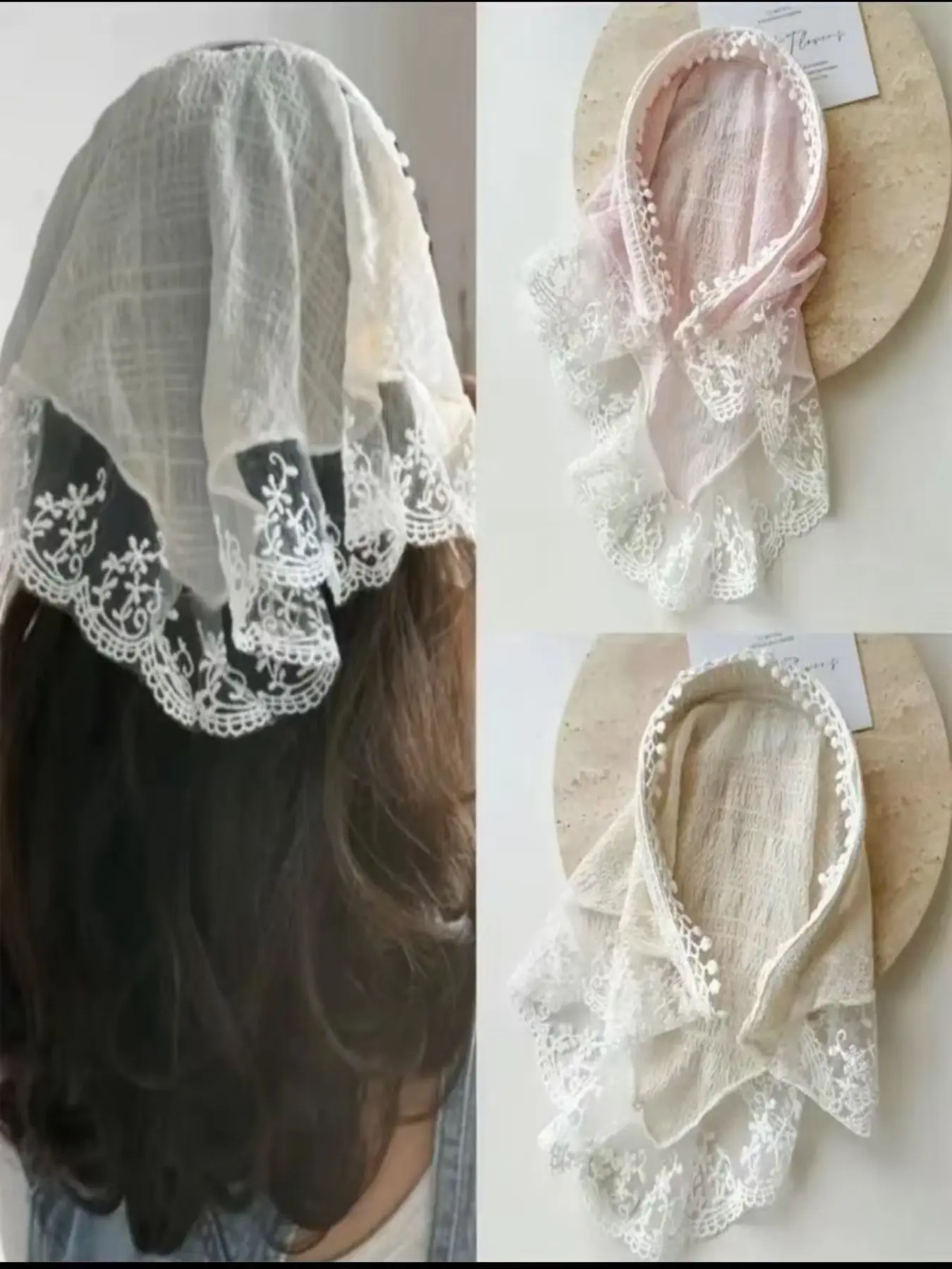 2 Pcs Women's Fabric Mesh Lace Triangle Headscarves, Scarf for Hair, Sweet Spring & Summer Hair Accessories, Headbands for Girls Suitable for Garden Parties, Outdoor Picnics