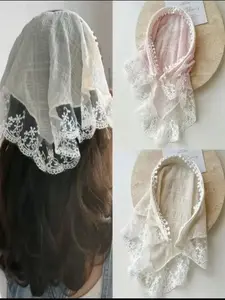 2 Pcs Women's Fabric Mesh Lace Triangle Headscarves, Sweet Spring & Summer Hair Accessories, Headbands for Girls Suitable for Garden Parties, Outdoor Picnics