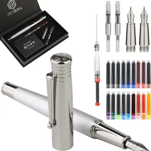 Silver Fountain Pen Set, Fine and Medium Nibs, 18 Ink Cartridges, 2 Ink Converters, Perfect for Writing and Calligraphy