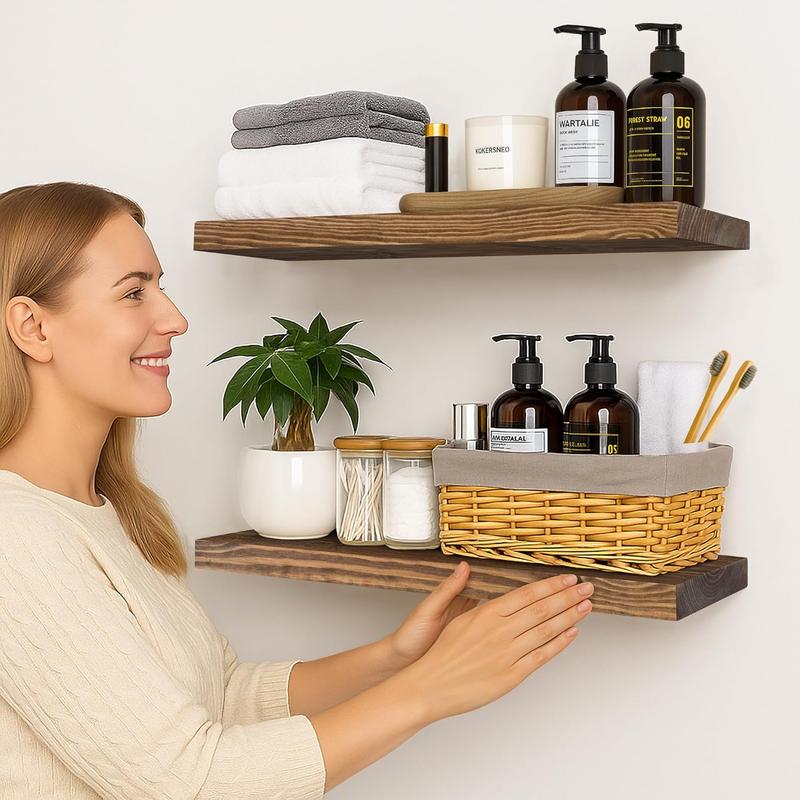 BGMG Wood Floating Shelves for Wall 24 inch Set of 2, Rustic Wooden Wall Mount Shelves for Bathroom Living Room Bedroom Kitchen Farmhouse -24x 6.7 x1.25 inch-Dark Walnut