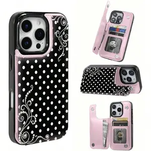 This leather card-holder phone case, featuring a "dreamy pearl polka-dot" pattern, is compatible with the iPhone 17 Pro Max/Air/16/15/14/13/12/11 and Samsung S22/S23/S24/25 series.