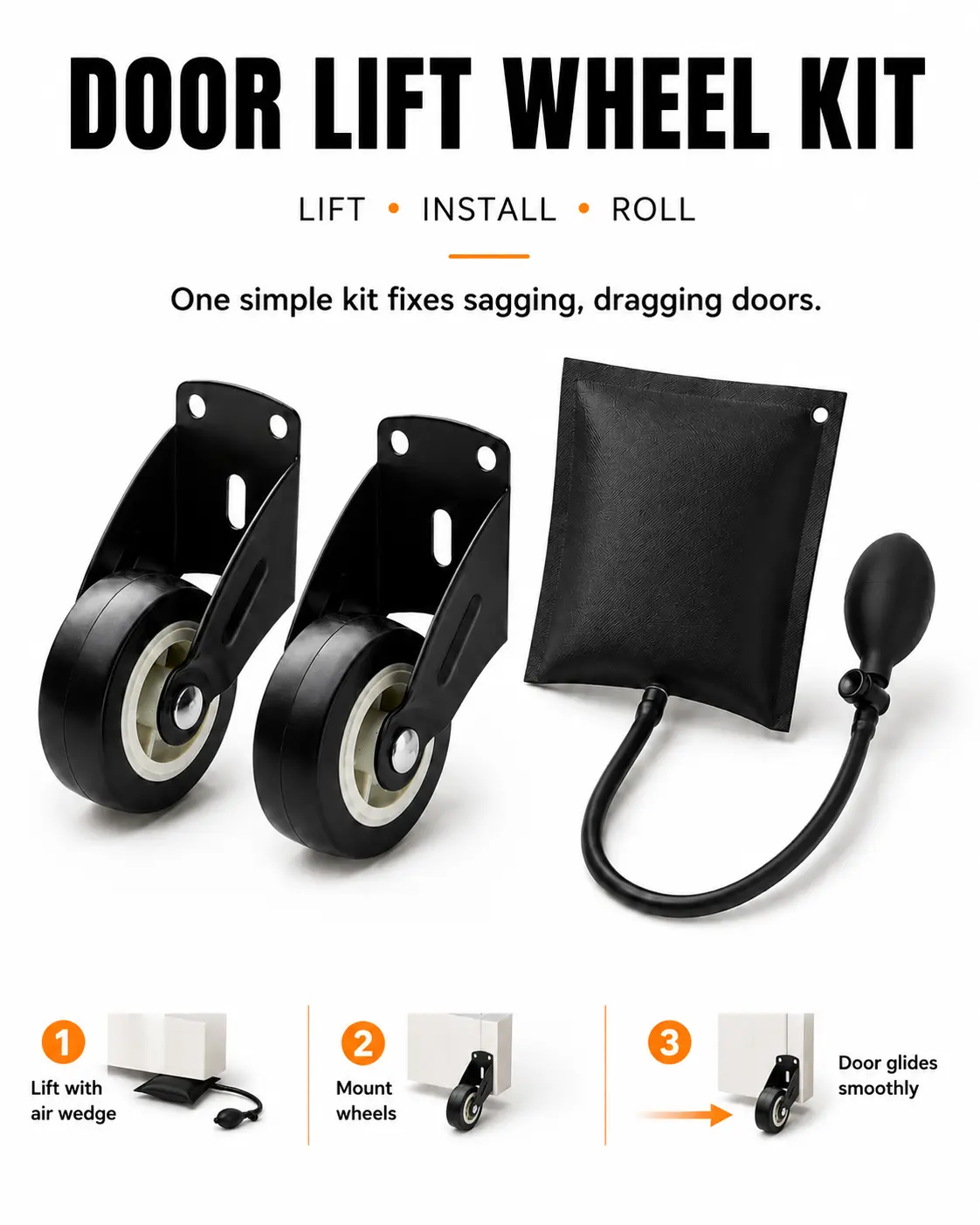 Heavy Duty Anti-Sag Door Lift Wheel Repair Kit with Self-Tapping Screws, 2 Door Support Wheels, Optional Air Wedge Pump for Easy Lifting, Heavy Duty Anti-Sag Gate Caster for Dragging Doors