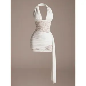 2026 New Spring Floral Lace Splicing Deep V-Neck Backless Dress | Graduation Dress & Summer Rave Festival Outfit