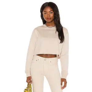 Moussy Vintage Studiowear Cropped Long Sleeve Top in Beige
