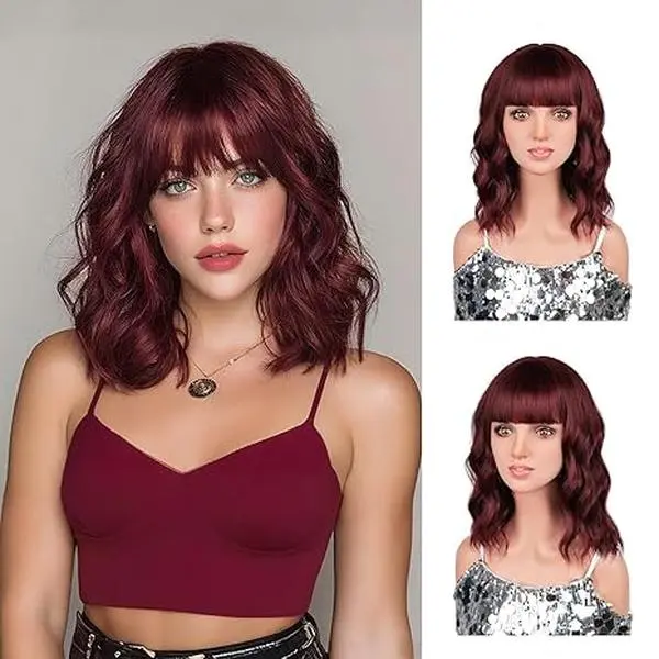 14 Inch Short Wavy Burgundy Wigs for Women, Shoulder Length Wine Red Color Curly Wigs, Synthetic Heat Resistant Fiber for Daily Party Halloween Use Loose Wave Wigs Beginner Friendly Wig