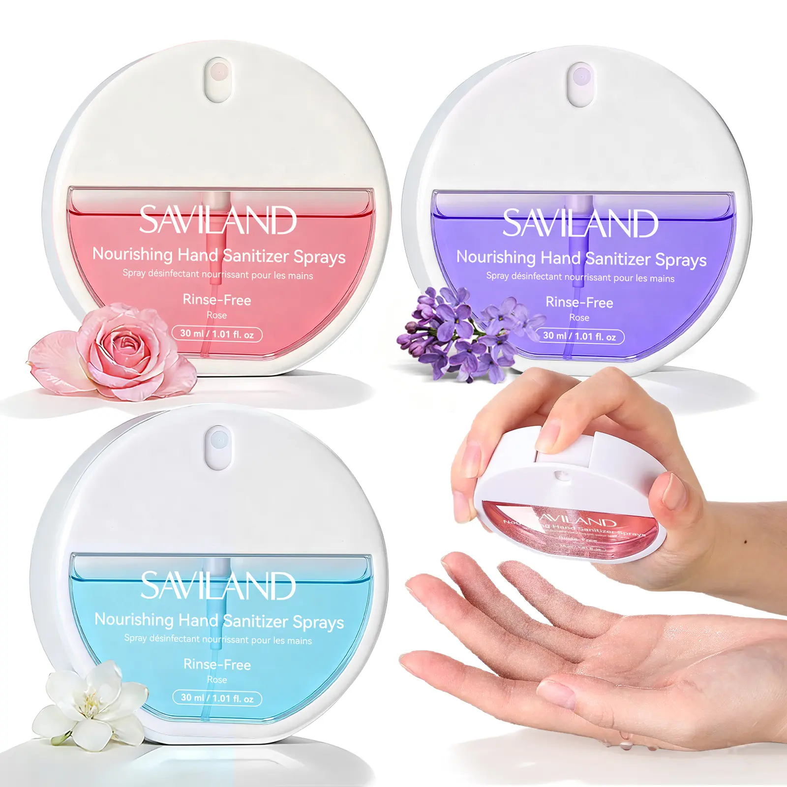 SAVILAND Deep Hydrating Hand Sanitizer Spray Set: Serum-Infused Pocket Mist with Aloe & Castor Oil, Dye-Free Formula in Rose, Lavender & Jasmine Scents, Travel Size Rinse-Free Hand Sanitizer, 1 fl. oz Each