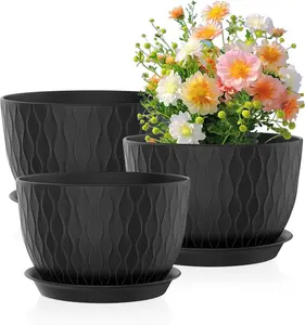 12/10/9 inch Large  Pots, 3 Pack Wide Flower Pots for Outdoor Indoor  with Water Ripples, Big Plastic Planters with Drainage Holes and Saucers for Garden House , Black