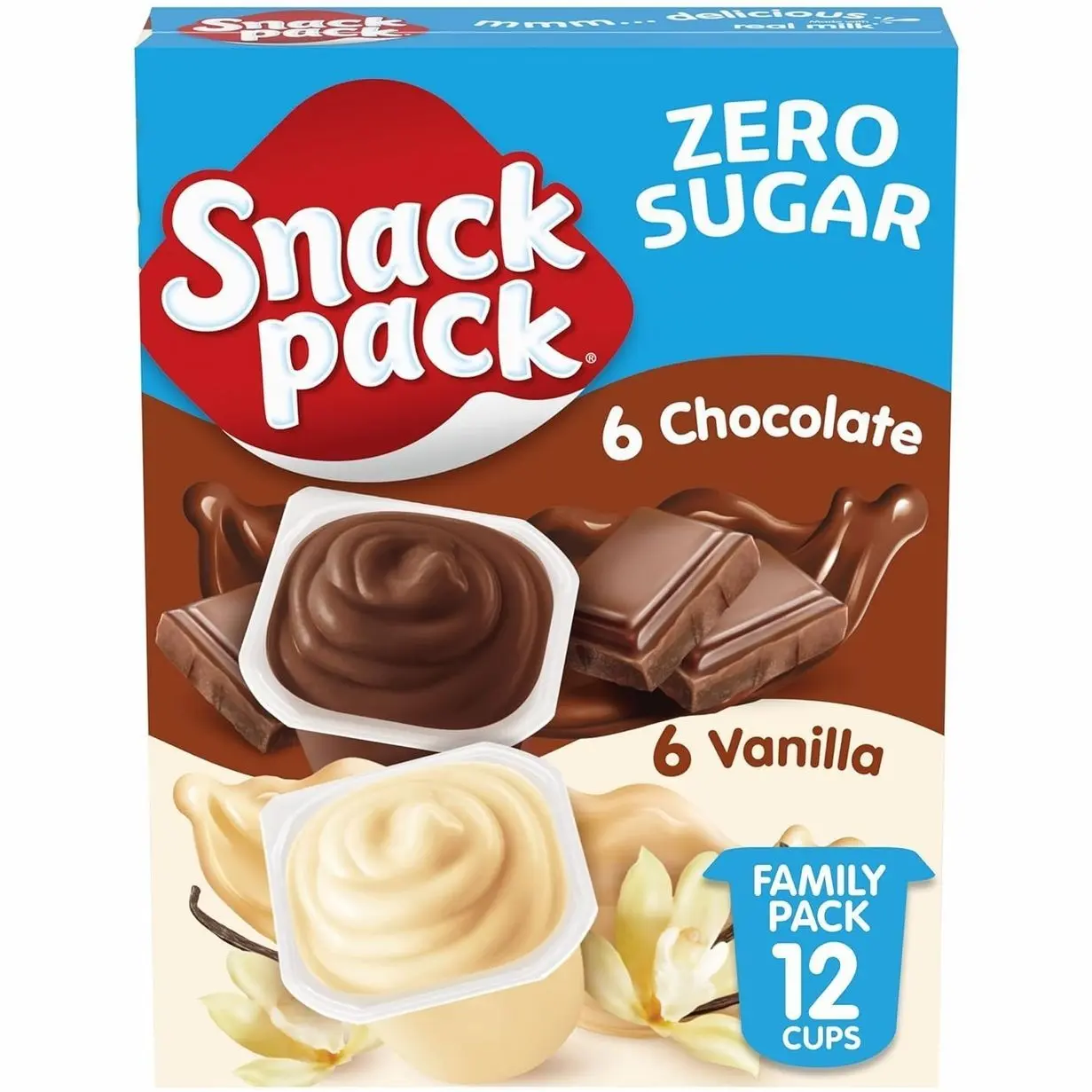 Snack Pack Zero Sugar Chocolate and Vanilla Flavored Pudding Cups, 3.25 oz., 12-Count Family Pack