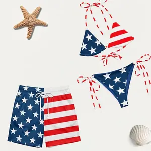 [HOT MATCHING SWIMSUIT SET] Matching swimsuit set with American flag print, including bikini and shorts.