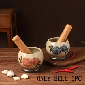 Ceramic Garlic Crusher Bowl with Wooden Stick, Spice Grinder, Garlic Powder and Paste Maker, Kitchen Tool, Kitchen Gadgets, Essential Cooking Accessory, Kitchenware