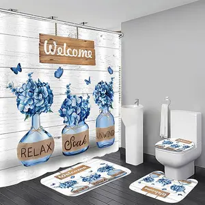 1/4pcs Blue Hydrangea Country Style Shower Curtain Set, includes non-slip mat, U-shaped rug, and toilet seat cover. Perfect for bathroom decoration, partitioning, and beautifying the space. Comes with 12 shower curtain hooks.