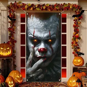 Halloween Bloody Clown Door Flag, Durable Polyester Fiber, Indoor Outdoor Decoration, Photo Booth Backdrop, Party Supplies