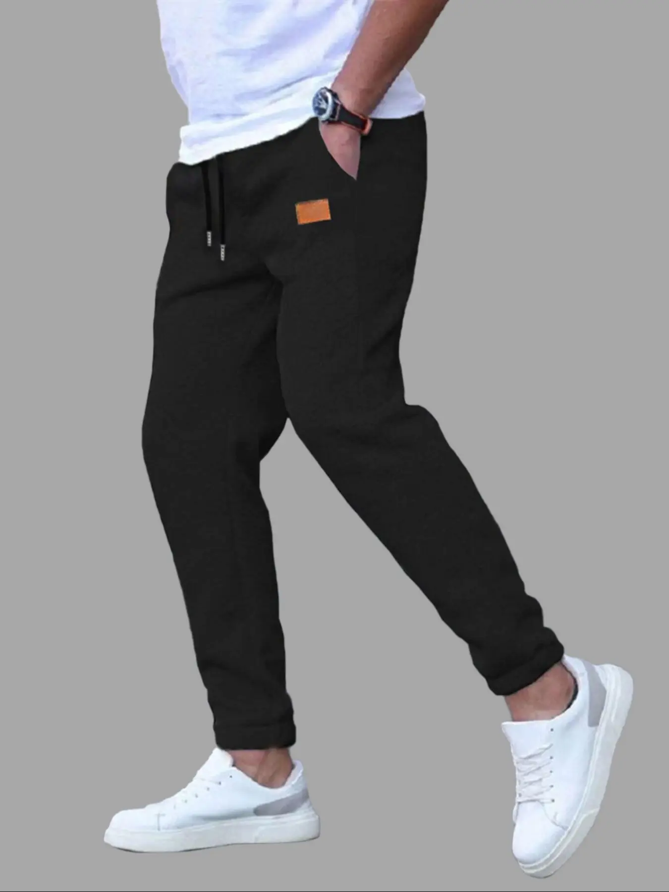 Men's Fall Outfits Warm Multi-Pocket Patchwork Leather Pants for Daliy Wear, Elastic Waist Drawstring Design, Casual Sporty Style Essential for Men's Wardrobe