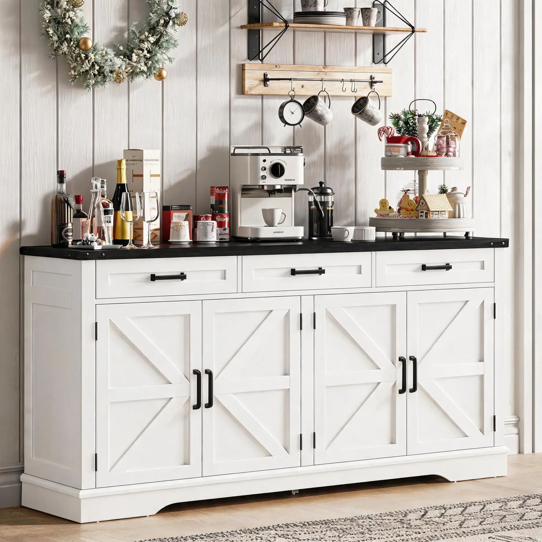 Farmhouse 61‘ Large Sideboard Buffet Cabinet with Storage, Buffet Table Coffee Bar Wine Bar Kitchen Storage Cabinet with 3 Drawers for Dining Room, Living Room campingessentials
