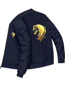 Trendy Fashion Men's Golden Horse Head Printed Baseball Jacket for Daily Casual Wear and Commuting Outerwear