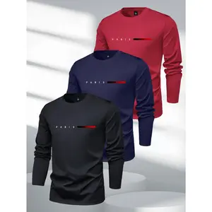 3pcs Men's Paris Letter Print Long Sleeve T-Shirt Set, Fashionable Versatile Basic Casual Round Neck Top for Spring & Autumn - Stylish Streetwear Tees