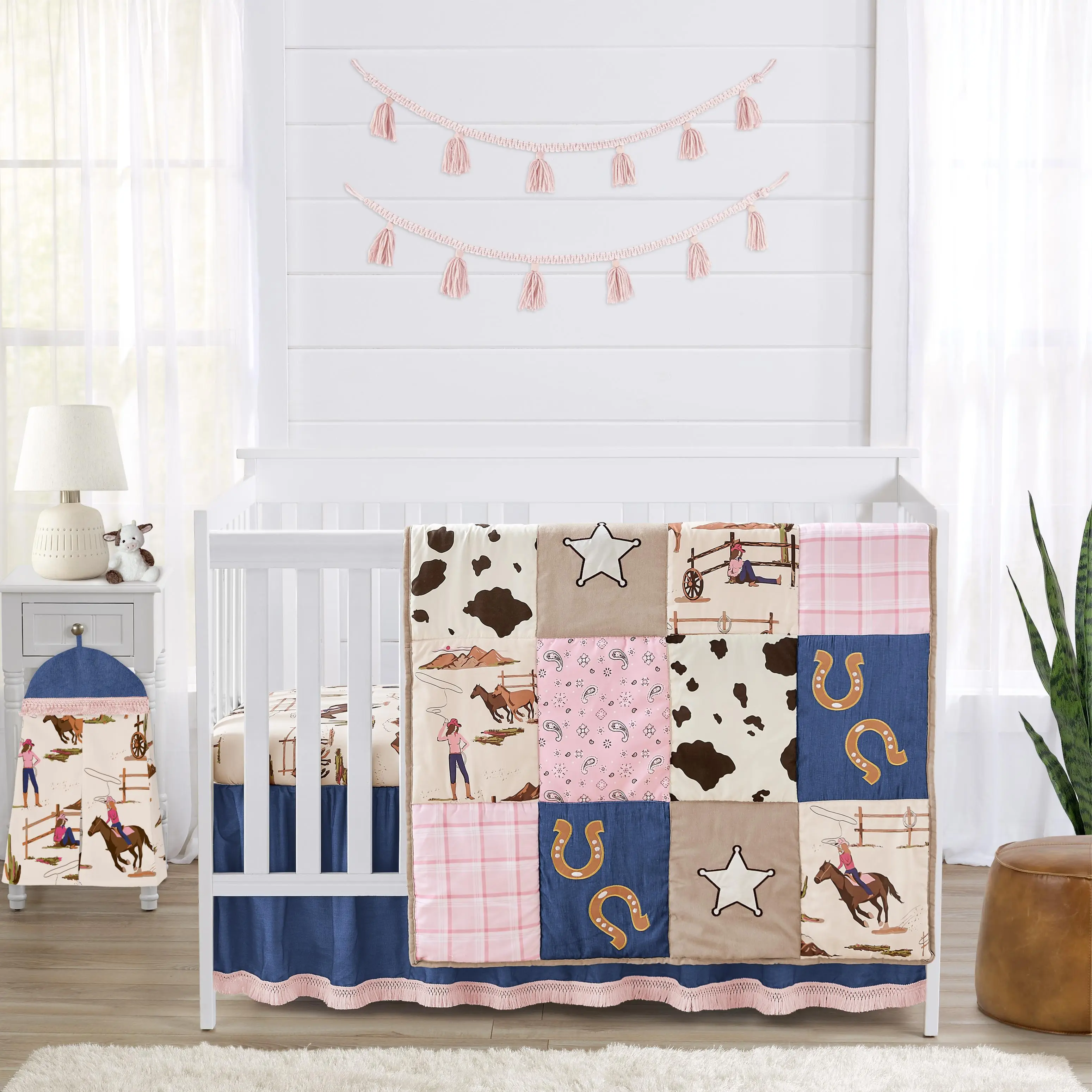 Sweet Jojo Designs 4-Piece Baby Crib Bedding Set (Western Cowgirl) for Girls, Infants/Nursery incl. Blanket, Fitted Sheet, Skirt, Diaper Stacker (Wild West, Cow Print, Vintage, Bandana, Patchwork)