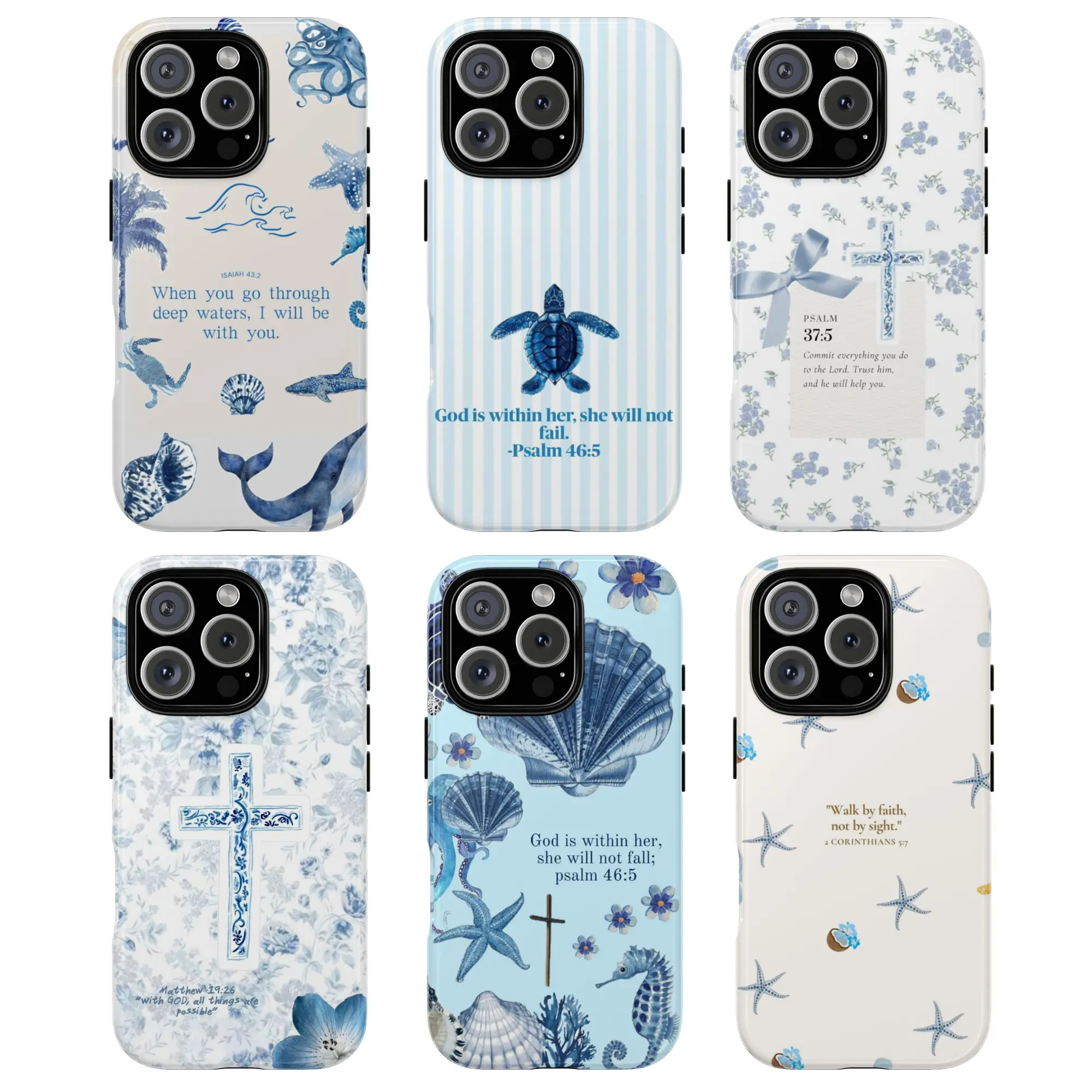 Christian Bible Verse Phone Case, Inspirational Faith & Ocean Design, gift for him for her, blue tone bible verse