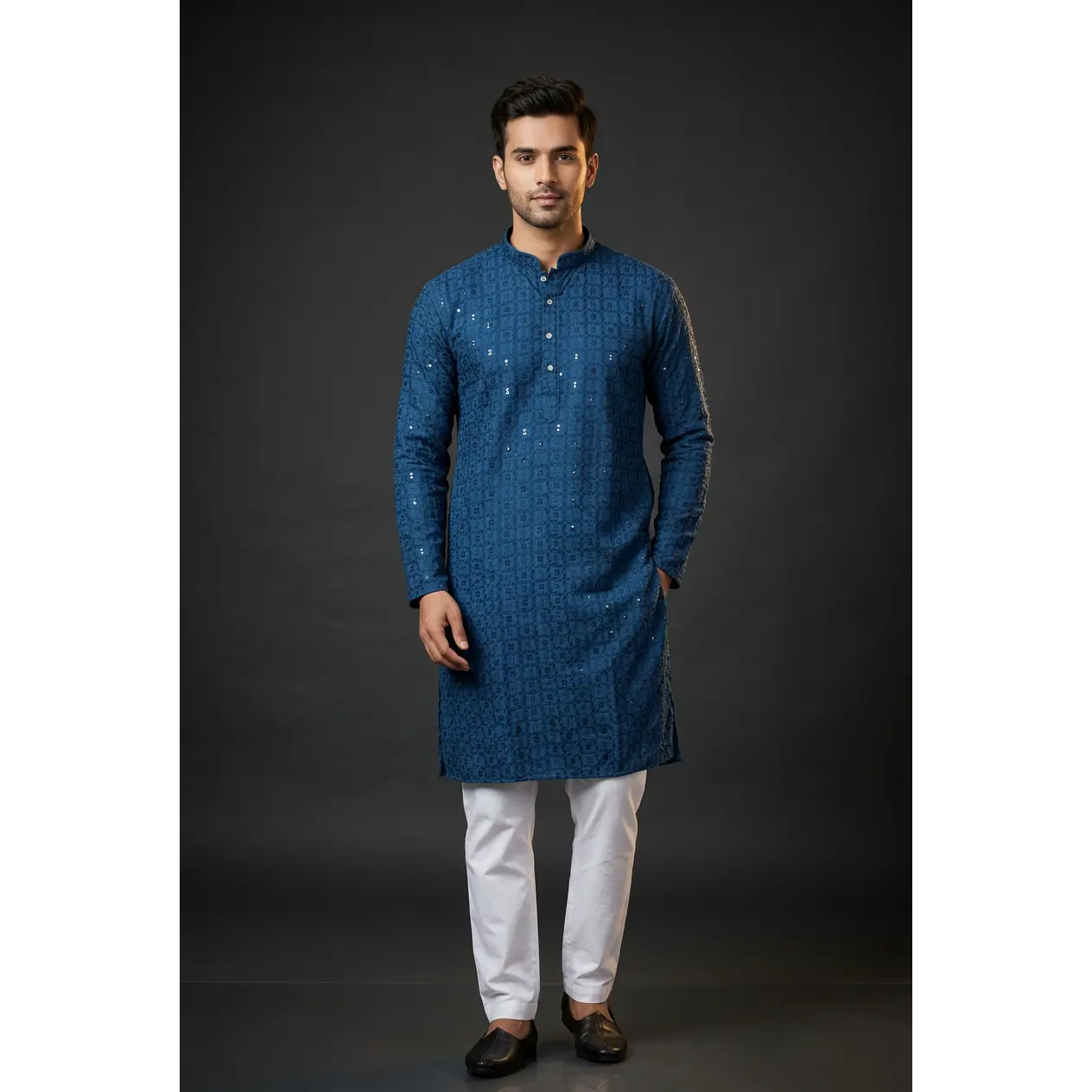 Men's Blue Lakhnavi Kurta - Resham Fabric, Sequin Embroidery, Relaxed Fit, Long Sleeve Chic Modest Wear, Ethically-Sourced, Quality Guaranteed, Festive/Holiday Islamic Koko Top, Refer to Size Guide