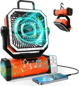 20000mAh Portable Camping Fan W/ Speaker, Rechargeable  Operated Oscillating Camp Tent Fan W/Remote control, 4 Speeds, LED lights & 360 Rotation Hook for Outdoor RV Travel