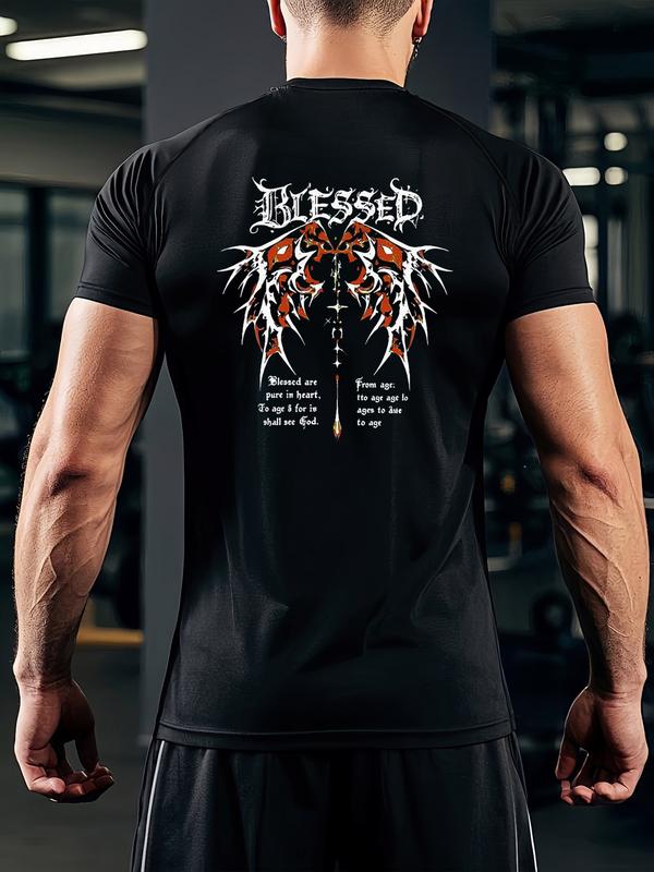 Men's Graphic Compression Workout Shirt - “BLESSED” Goth Angel Wings Tee, Stretch Breathable Quick Dry Athletic Fitted for Gym & Casual Streetwear, Trending Fitness Motivational Top