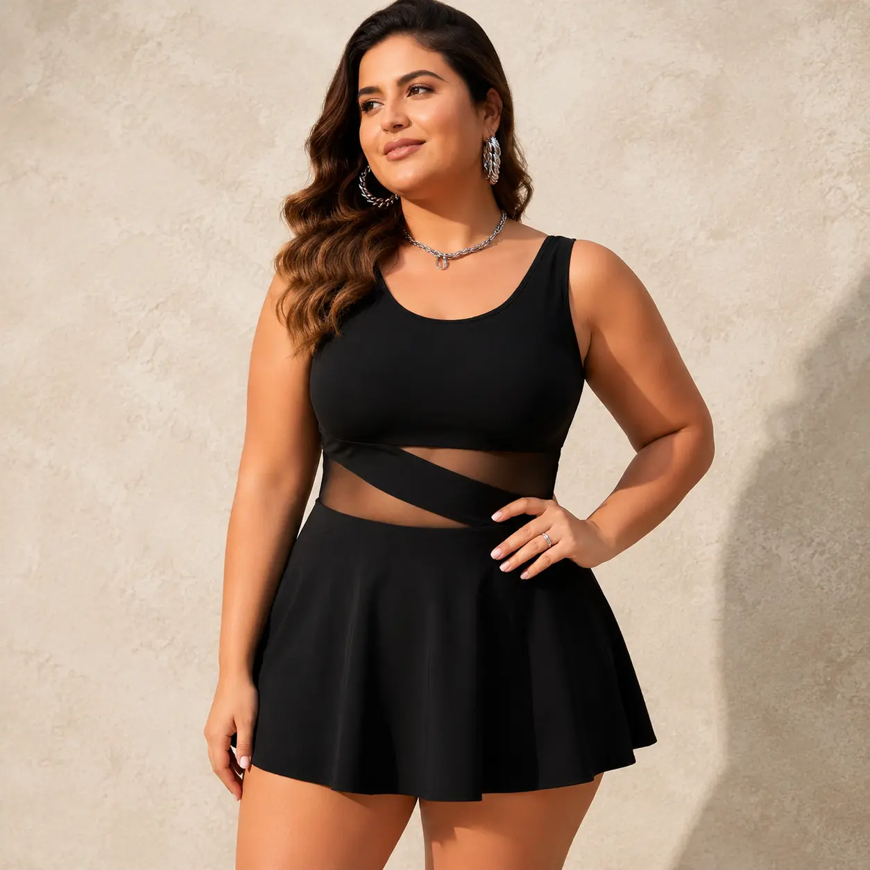 Plus Size Black One Piece Swim Dress for Women, Scoop Neck Skirted Swimsuit with Asymmetrical Mesh Cutout and Open Back, Solid Color Resort Pool Beach Vacation Swimwear, Plus Size Skirt Swimsuit Modern Minimal Style