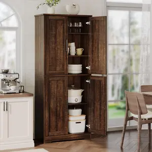 YJ-Garvee Kitchen Pantry Cabinet, 70 Inch Tall Storage Cabinet with Doors and Adjustable Shelves, Freestanding Wooden Classic Cupboard for Living Room, Dining Room, Bathroom (Brown)