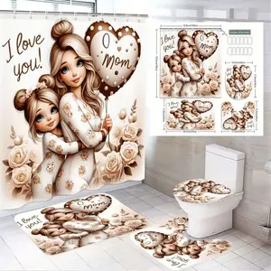 1/4pcsMother Daughter Bathroom Set, Shower Curtain with Heart Balloon 'I Love You Mom', Bath Mat & Toilet Cover with Rose Motifs, Warm Affectionate Decor for Mother's Day, Anniversary, Valentines Day Gift