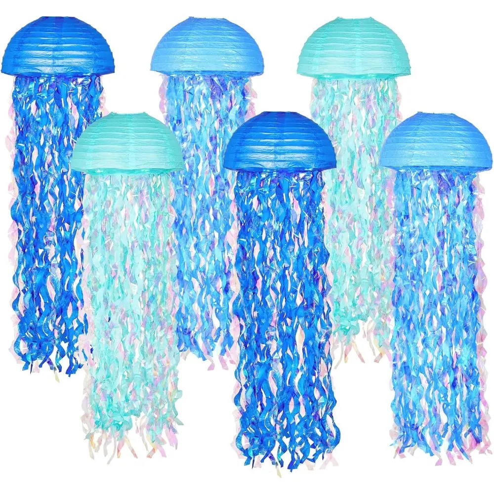 6-Pack Eco-Friendly Reusable Foldable Lightweight Blue Hanging Jellyfish Paper Lantern Lights - Underwater Look Festive Decor for Under The Sea Parties, Mermaid Birthday Events, Six Pieces, Nautical
