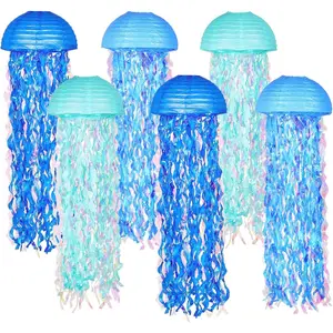 Blue Hanging Jellyfish Paper Lanterns-Under The Sea Party, Mermaid Birthday, Baby Shower, Nautical Events, Ocean Theme Classroom and Beach Room Decorations (Set of 6)