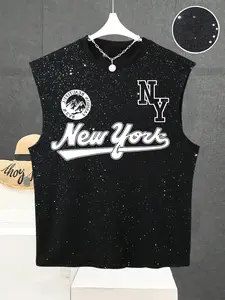 Men's Casual Sleeveless Vest, New York Letter Print, Silver Color Fabric Design, American Vintage Style, Summer Sports Unbound