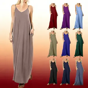 Women's Plain Backless Pocket Cami Dress Casual V-Neck Spaghetti Strap Sleeveless Long Dress for Summer Ladies' Clothing for Everyday Wear in Multiple Colors