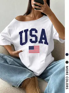Women's USA Flag Print Asymmetrical Neck Baggy Tee, Casual Trendy T-shirt for Daily Wear, Ladies All Seasons Outfit, Top