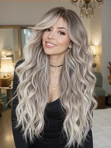 Gradual Root Wig, 26 Inch Long Curly Hair, Women's Half Bangs, Natural Everyday Look, Breathable Rose Net, High Temperature Fiber, Heat Resistant Wigs, Synthetic Material Wigs