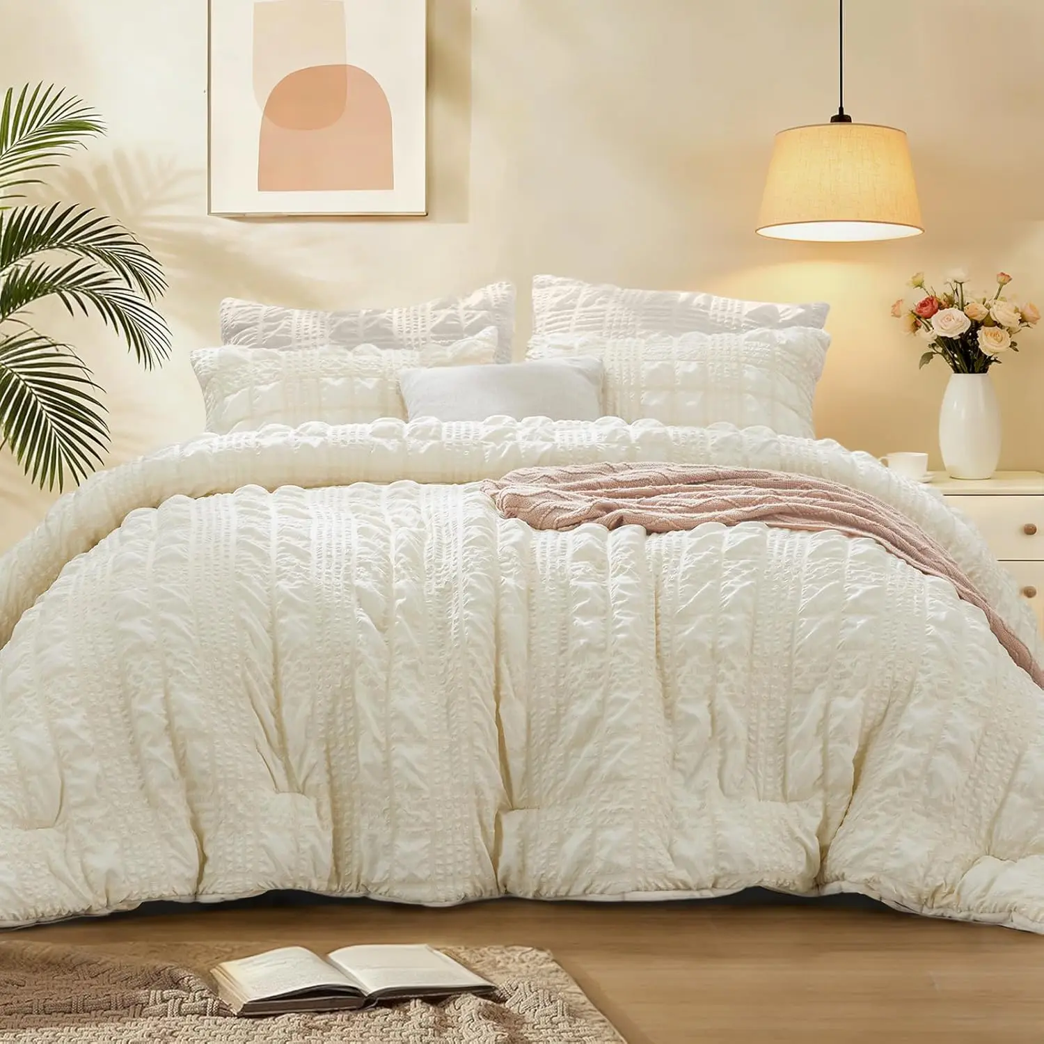Cream Comforter Set ,   Luxury Seersucker Bedding Set with Pillowcases, Soft Lightweight Comforter 3 count for Bedroom