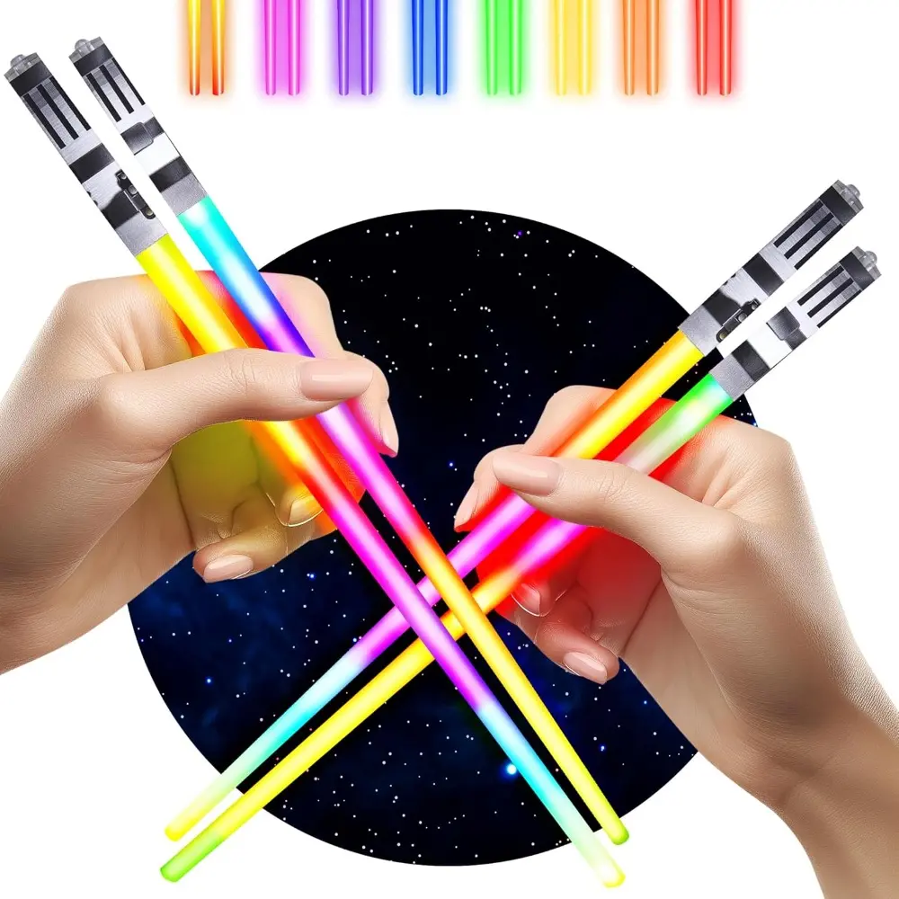 Reusable Glowing Light Saber Plastic Chopsticks - 2 Pairs, 8 Color Modes, Bright LEDs, Colorful Kitchenware Tableware for Happy Birthday & Festive Supplies