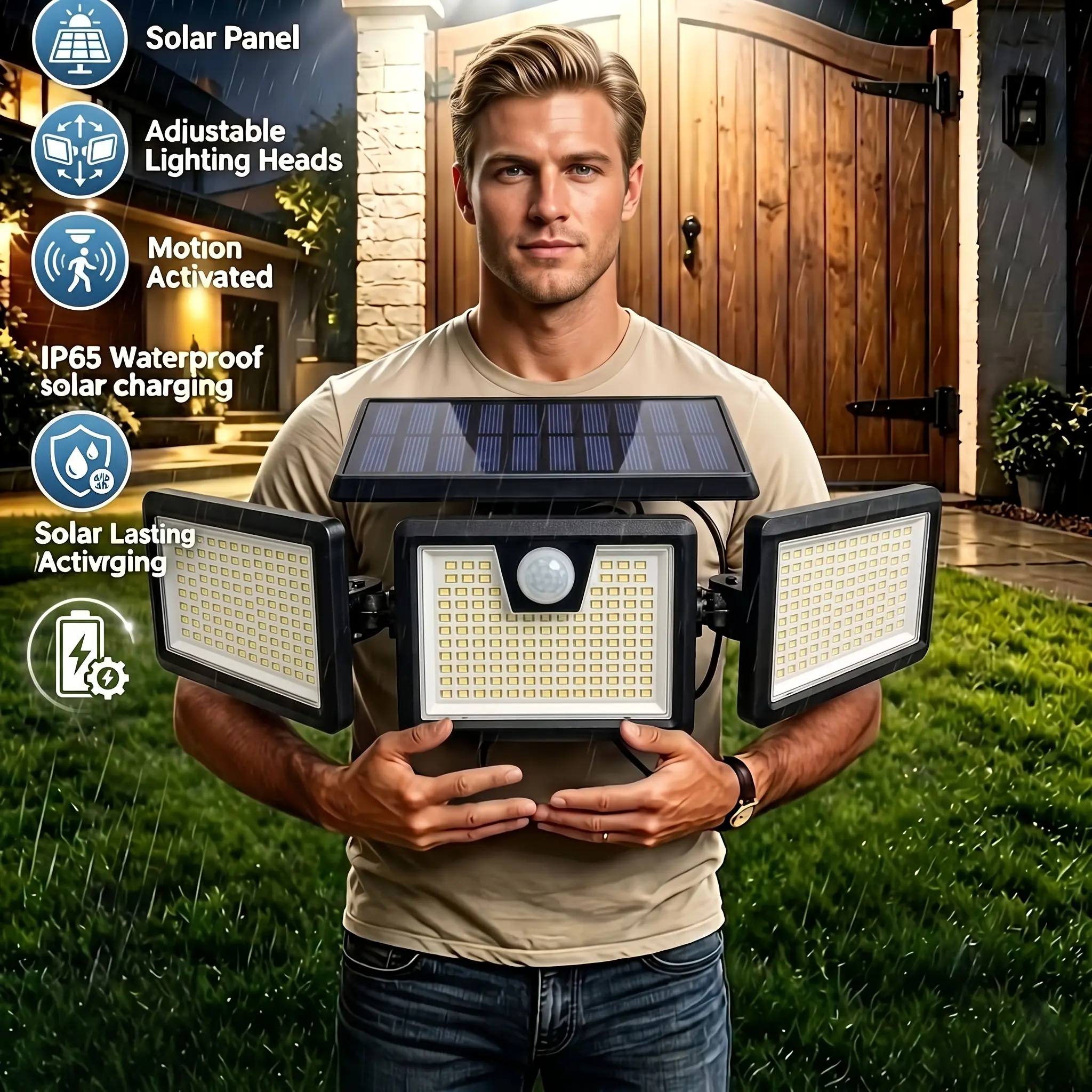 Super Bright Solar Outdoor Lamp with Motion Sensor, 3 120° Wide-angle Street Area Lighting Lamps, IP65 Waterproof Safe Lighting, with 3 Modes And Remote Control, Suitable for Gardens, Patios, Garages, Streets, Etc., Solar Outdoor Lamp