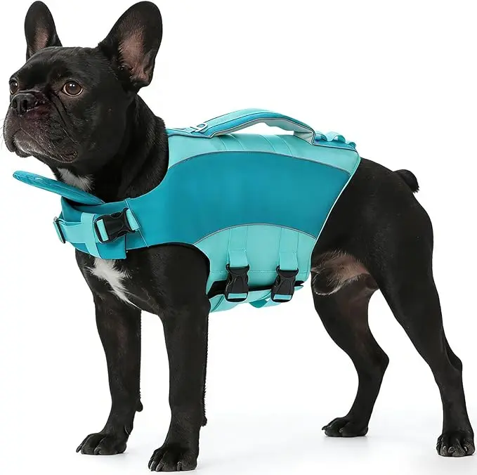 Kuoser Dog Life Jacket, Adjustable Pet Float Coat with Neck Floating Board, Rescue Handle & D-Ring, Reflective Dog Life Vest for Small Medium Large Dogs Swimming, Boating, Green Purple