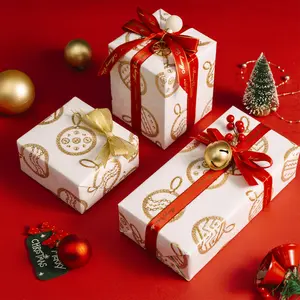 RUSPEPA Christmas Wrapping Paper - White Background with Luxury Gold Foil Christmas Ornaments Print | Festive Xmas Gift Wrap for Holiday Parties, Christmas Decor & Gift Wrapping - 17 Inches × 32.8 Feet