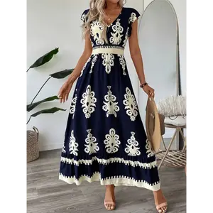 2025 Summer Women's Summer Flowy Maxi Dress Casual Cap Sleeve V Neck Smocked Waist Beach Sundress maxi  style