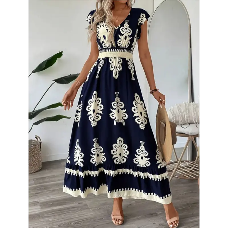 Women's Casual Summer Maxi Dress - Elegant Striped Flowy Polyester Sundress with V-Neck, Cap Sleeves, and Smocked Waist, Casual Wear, Fabric
